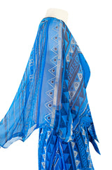1980s Zandra Rhodes Hand Painted Silver on Blue Silk Caftan Dress w Wrap Belt & Matching Scarf
