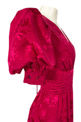 1980s Wayne Clark Pink Silk Plunging Neckline & Huge Pouf Sleeve Dress