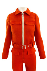 Rare 1970s Courreges Hyperbole Bright Orange Wool Jumpsuit & Matching Cropped Jacket