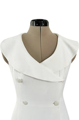 Chic Cruise 1997 Chanel by Karl Lagerfeld White Dress w Large Collar & Logo Buttons