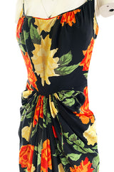 Brilliant 1957 James Galanos Large Floral Print Front Gathered Silk Evening Dress