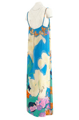 Extraordinary 1970s Hanae Mori Couture Pastel Turquoise Floral Print Silk Chiffon Dress & Jacket