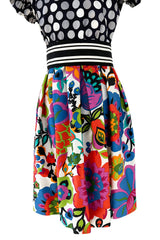 Cutest 1970s Geoffrey Beene Bazaar Mixed Floral & Dot Pattern Ruffle Dress