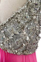 Late 1960s Fred Perlberg by Roger Millet Pink Silk Chiffon Dress w Silver Beaded Bodice