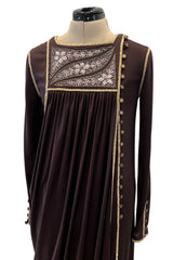 Museum Held 1970s Bill Gibb Deep Brown Liquid Jersey Dress w Metal Buttons & Extensive Beading