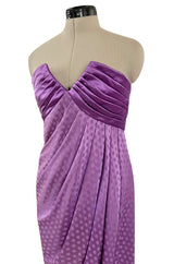 Fall 1985 Emanuel Ungaro Runway Structured Bodice Strapless Dress Made from a Dotted Purple Silk