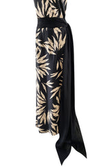 Gorgeous 1980s Valentino Haute Couture Black & Ivory Silk Print Plunging Halter Dress