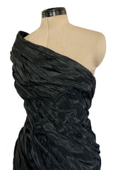 1980s Antony Price Hand Gathered One Shoulder Black Taffeta Dress