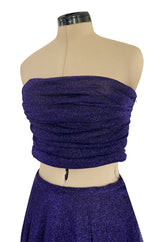 Rare 1978 Halston Couture Metallic Purple Lurex Cropped Bandeau Top & Skirt Set