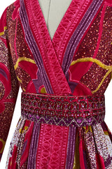 1960s Malcolm Starr Bright Cherry Pink Floral Batik Print Dress w Hand Beaded Belt