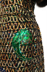 Late 1960s Oscar De La Renta Gold Sequin & Huge Paillettes Detailed Dress w Mink Cuffs