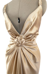 Iconic Fall 1980 John Anthony Couture Plunge Front Gold Silk Charmeuse Halter Dress w Bare Back