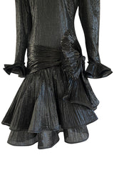1980s Salvadori Albani Couture Black Textured Silk Lame & Plisse Finish Drop Waist Dress
