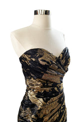 Fall 1988 Emanual Ungaro Strapelss Gold Metallic Black & Gold Ruffled Hem Dress