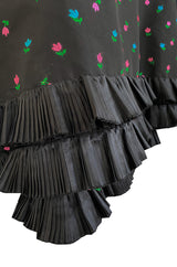 1970s Louis Mies Couture Level Black Silk Taffeta Dress w Embroidered Flowers & Ruffled Detailing