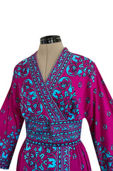 1970s Maurice Bright Fuchsia Pink & Brilliant Turquoise Print Jersey Dress