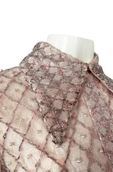 1960s Valentina Inc Pink Beaded Shift Dress w Front Collar Detailing