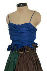 Dreamy 1970s James Galanos Blue Brown & Green Silk Dress w Ruffled Waist & Metallic Gold Trim