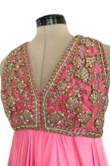 1960s Pat Sandler Pink Silk Chiffon Dress w Rhinestone & Gold Metal Cord Bodice Detailing