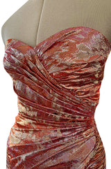 Fall 1988 Emanuel Ungaro Strapless Metallic Gold & Coral Dress w Flirty Ruffled Skirt