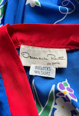 Spring 1982 Oscar de la Renta Blue Floral Silk Caftan Dress w Red Edging Detail
