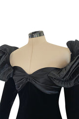 Dramatic 1980s Nina Ricci Black 'Garda' Velvet Dress w Pleated Silk Taffeta Ruffled Shoulders