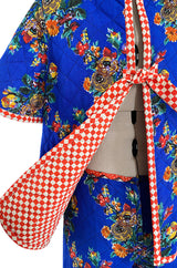 Rare 1971 Marion Foale and Sally Tuffin Blue Floral & Red Checked Pant Jacket & Hat Set