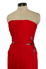 Prettiest 1970s Ruben Panis Side Beaded Red Jersey Dress w Convertible Straps