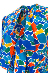 Spring 1983 Yves Saint Laurent Silk Multi Color Print on Blue Dress