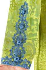 1980s Oscar de la Renta Green Silk Blue Trim Caftan Dress or Evening Coat