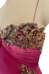 1980s Vicky Tiel Couture Pink & Greem Silk Chiffon Dress w Bead & Sequin Bodice