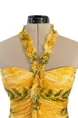 Spring 2004 Oscar de la Renta Runway Yellow Silk Chiffon Ruffled Dress w Fern & Floral Print