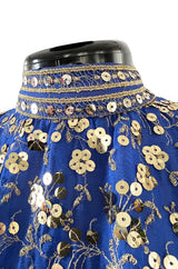 Stunnng 1980s Givenchy Gold Sequin on Blue Silk Chiffon Skirt & Top Dress Set