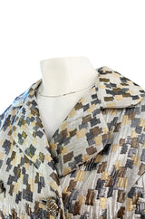 Early 1960s Ceil Chapman Gold & Silver Metallic Silk Brocade Coat w Crystal Buttons
