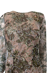 1980s Oscar de la Renta Sequin Detailed Trained Floral Silk Chiffon Dress