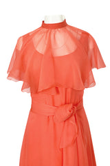 Prettiest 1970s George Stavropoulos Coral Silk Chiffon Dress Capelet & Sash