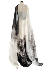 Spring 2000 Hanae Mori Haute Couture Forest & Butterfly Print Silk Chiffon Dress & Silk Huge Scarf