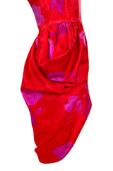 1980s Odicini Couture Coral & Pink Print Plunge Dress w Unusual Skirt