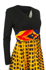 1970s Unlabeled Bright Graphic Printed Yellow & Red Full Skirted Dress