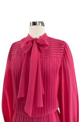 1970s Louis Feraud Haute Couture Hand Pleated Pink Silk Chiffon Day Dress w Bow