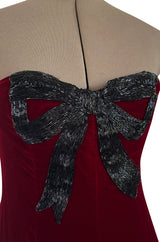 Gorgeous 1980s Oscar de la Renta Black Beaded Bow Dress in a Rich Ruby Red Velvet