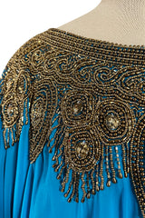 Vintage Unlabelled Beaded Chiffon Deep Turquoise Blue Caftan Dress w Inner Lining