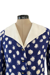 Spring 1977 Chanel Haute Couture Blue & White Silk Suit w Removable Collar