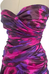 1980s Loris Azzaro Couture Strapless Deep Pink & Purple Printed Silk Mini Dress w Flare Skirt