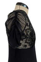 Stunning 1990s Valentino Black Silk Chiffon Dress w Sheer Beaded Net Bodice