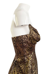 Documented Fall 1997 Thierry Mugler Gold Bronze Brocade Strapless Dress w Formed Pointed Cups