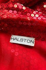 Iconic 1970s Halston Couture Glossy Red Sequin Full Length Wrap Dress w Plunge Front