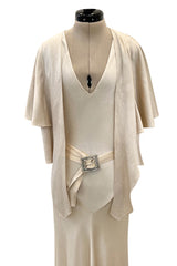 Beautiful 1930s Ivory Hammered Silk Satin Bias Cut Dress w Original Jacket & Belt