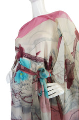 1970s Hanae Mori Couture Silk Chiffon Scenic Floral Dress