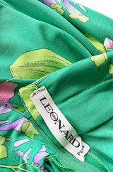 1970s Leonard Paris Green Floral Print Silk Jersey Halter Dress